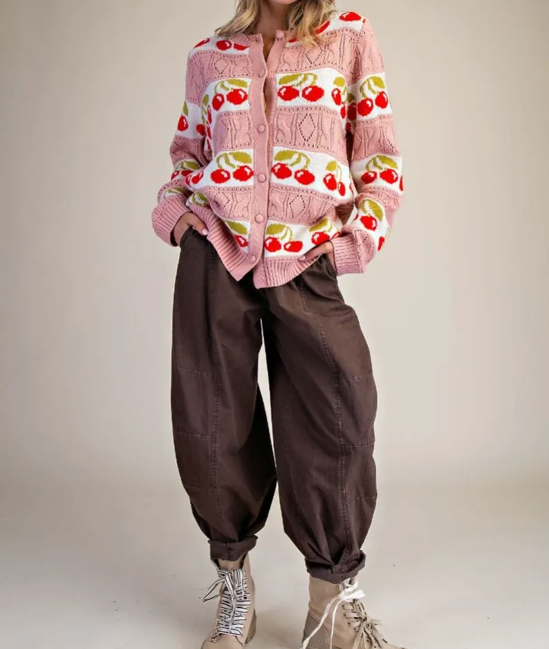 Cherry Print Button Down Relaxed Cardigan