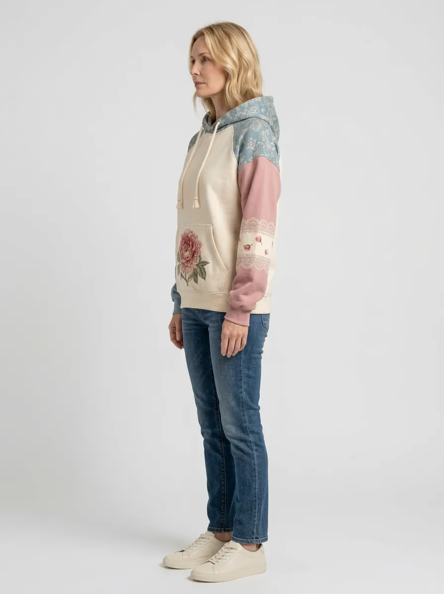 Women's Western Floral Peony Lace Patchwork Printed Hoodie