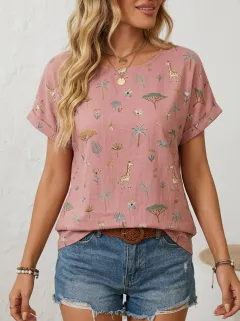Giraffe Floral Tropical Women's Loose Printed T-Shirt