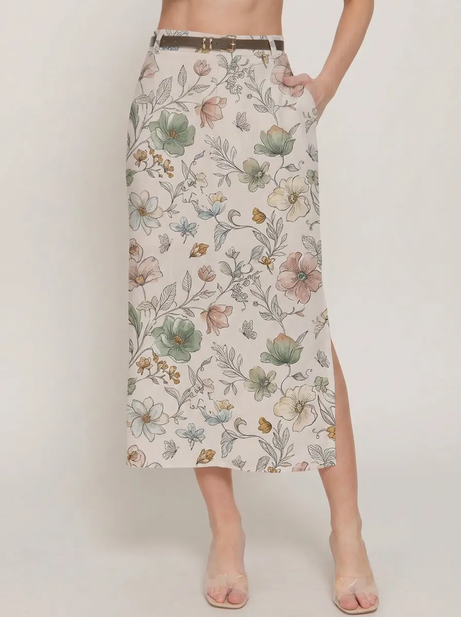 Women's Belted Botanical Floral Butterfly Printed Midi Skirt