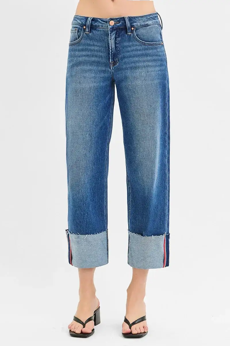 Full Size Tummy Control Mid Rise Crop Wide Cuffed Jeans Plus Size