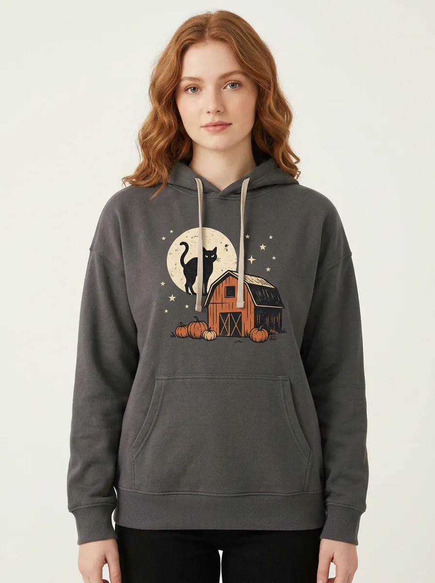 Women's Halloween Black Cat Barn Pumpkin Printed Hoodie