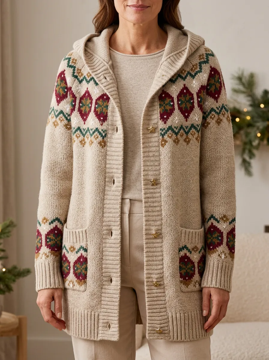 Christmas Fair Isle Pattern Knit Hooded Cardigan