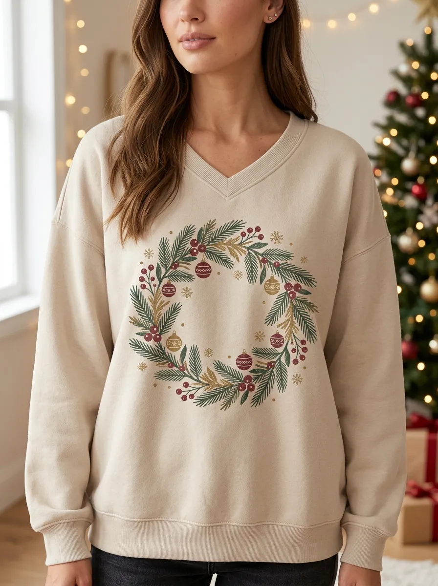 Christmas Holiday Wreath Pine Berry Print Sweatshirt