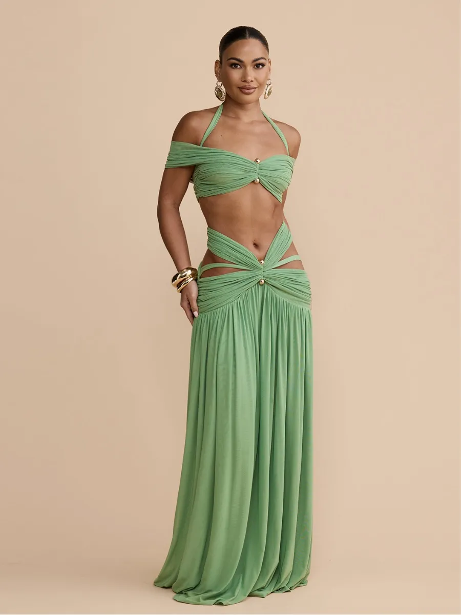 Marisol Cut Out Halter Mesh Maxi Dress Set