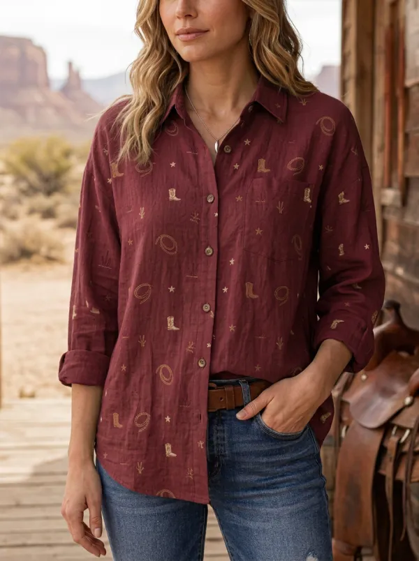 Women's Western Cowboy Boot Lasso Star Printed Cotton Linen Shirt
