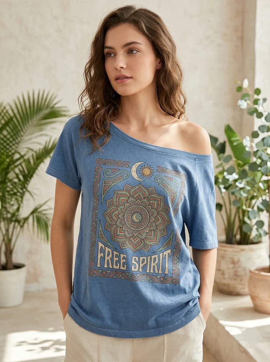 Women's Boho Free Spirit Mandala Moon Sun Printed T-shirt