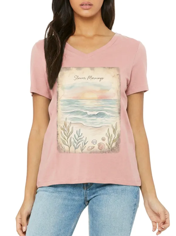 Women's Slower Mornings Beach Sunrise Seashells Printed V-neck T-shirt