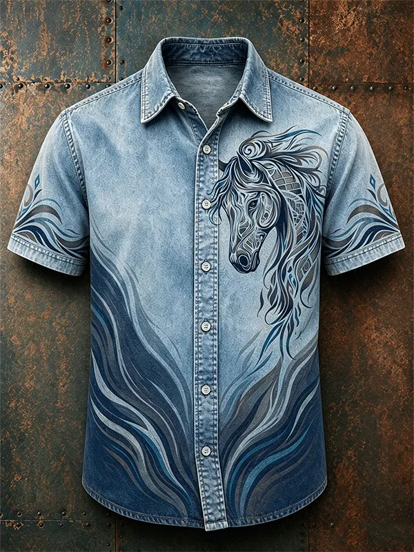 Men's Retro Southwest Horse Art Print Washed Short Sleeve Shirt