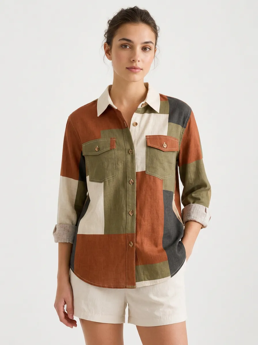 Women's Earth Tone Geometric Patchwork Printed Button-Down Shirt