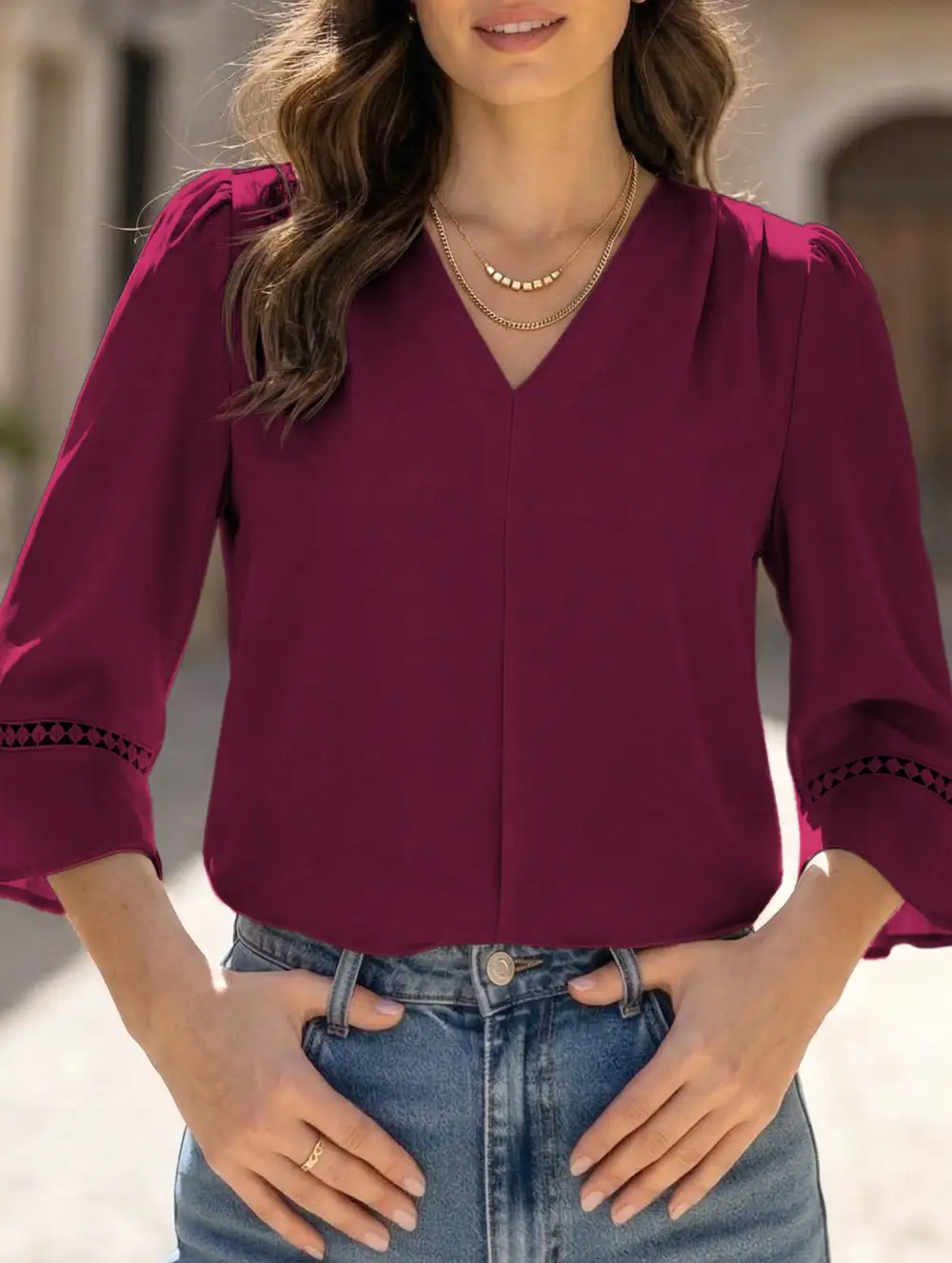 V Neck Office Three Quarter Sleeve Blouse