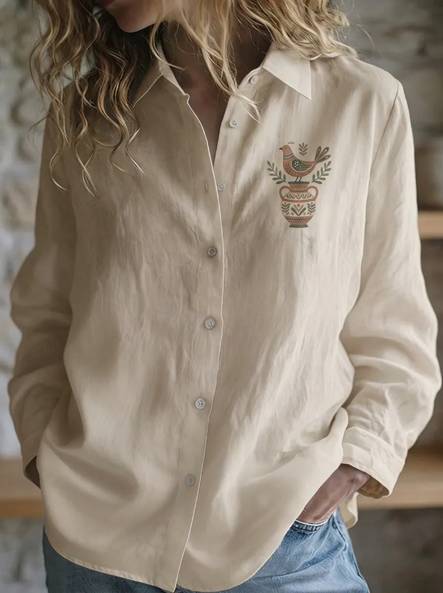 Women's Folk Art Bird and Vase Printed Button-Down Shirt