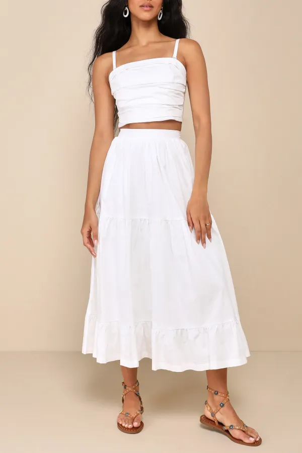 Casual Style White Cotton Tiered Midi Skirt