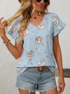 Cat Floral Ruffle Women's Loose Printed Blouse