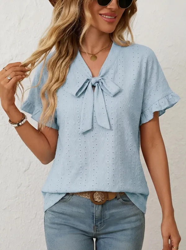 Women's Pink Bow Tie Eyelet Ruffle Sleeve Blouse