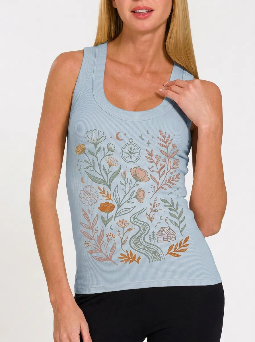 Women's Nature Adventure Floral Compass Printed Tank Top