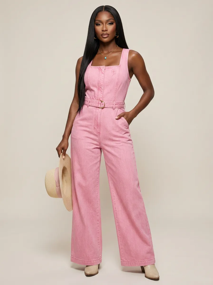 Pink Floral Embroidered Denim Jumpsuit