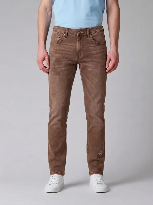 Men's Grid Pattern Embroidered Gray Stretch Jeans