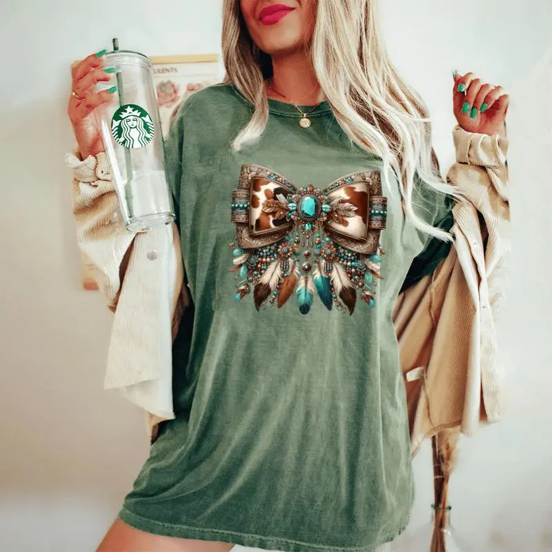 Western Girly Bow Cow Teal Turquoise Feathers Southwest Girl Women's Oversized Comfort T-Shirt