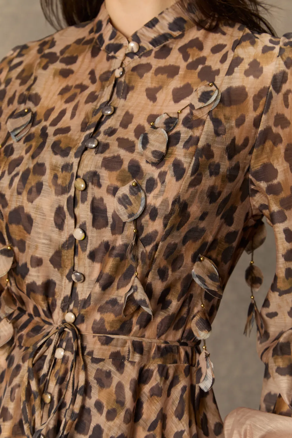 Infinite Praise Brown Leopard Print Leaf Applique Maxi Dress