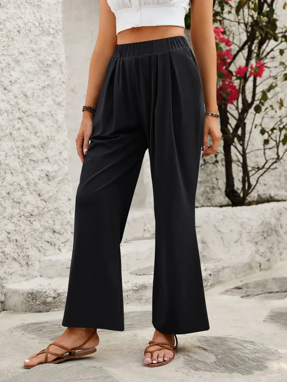 Wide Leg Elastic Waist Pocketed Everyday Pants