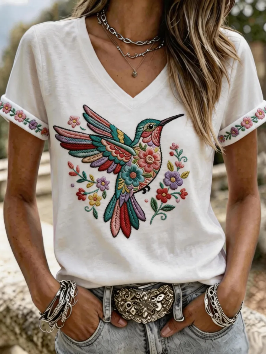 Woman Hummingbird Joy Floral Art Print Casua T-Shirt