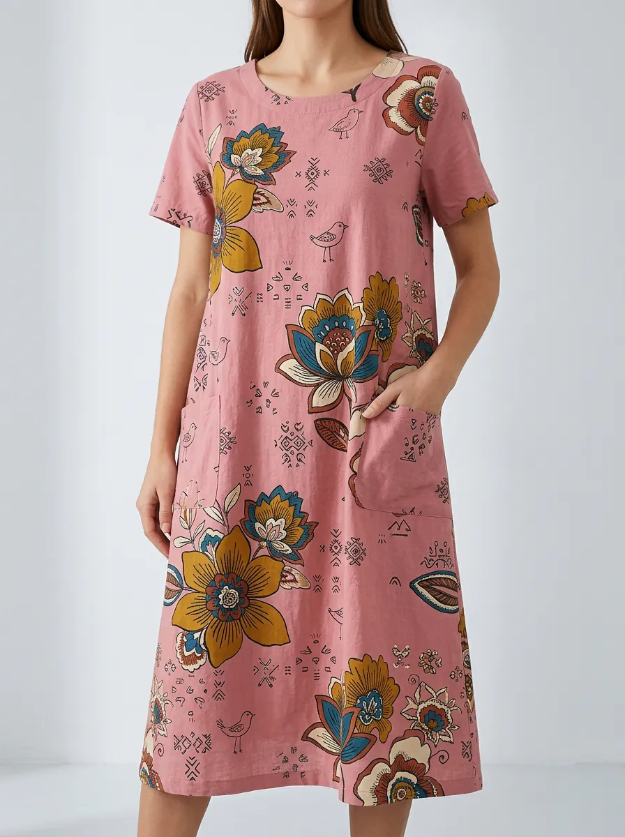 Bohemian Floral Bird Pattern Cotton Linen Dress