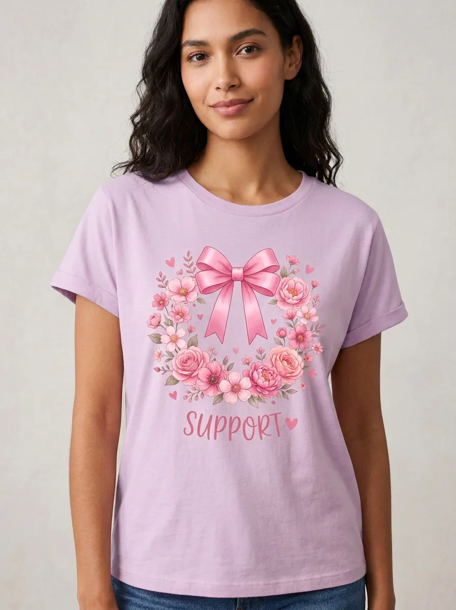 Women's Breast Cancer Awareness Pink Ribbon Floral Wreath Printed T-shirt
