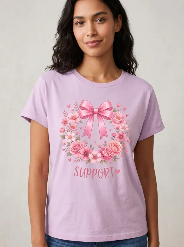 Women's Breast Cancer Awareness Pink Ribbon Floral Wreath Printed T-shirt