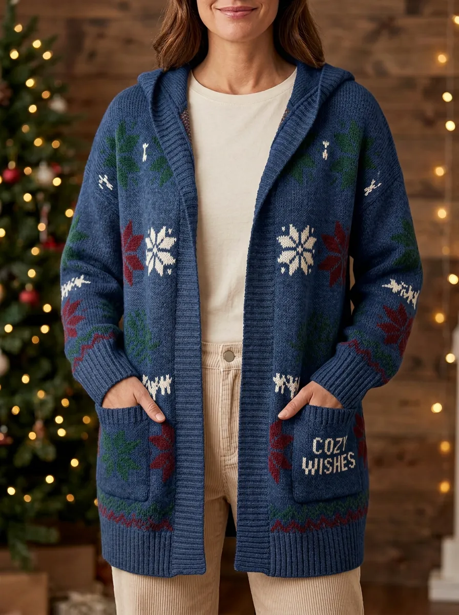 Christmas Snowflake Cozy Wishes Patterned Hooded Cardigan