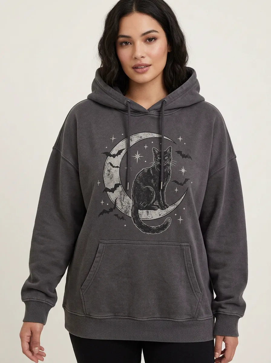 Women's Halloween Gothic Black Cat Moon Bats Printed Hoodie