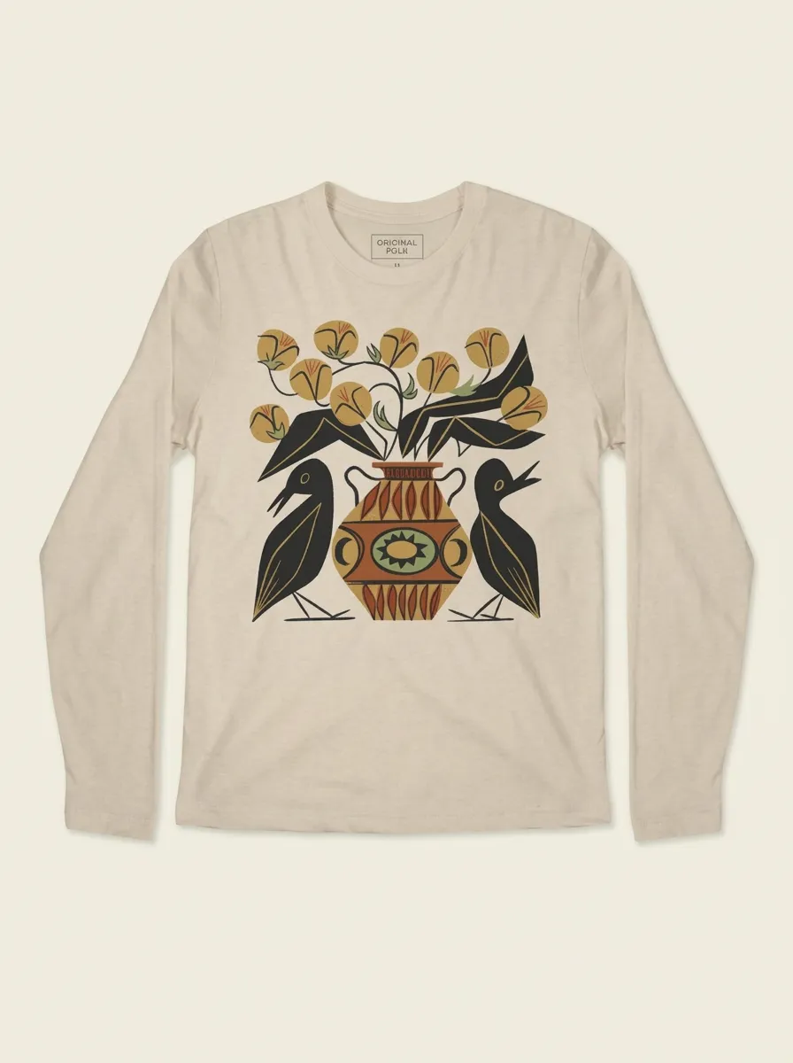 Folk Art Bird And Floral Vase Long Sleeve T-Shirt