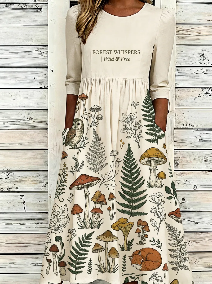 Women's Forest Mushroom Fern Owl Printed Dress