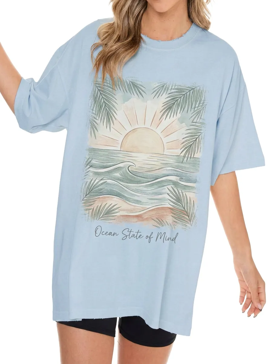 Women's Beach Lover Ocean State of Mind Palm Tree Sunset Printed T-shirt