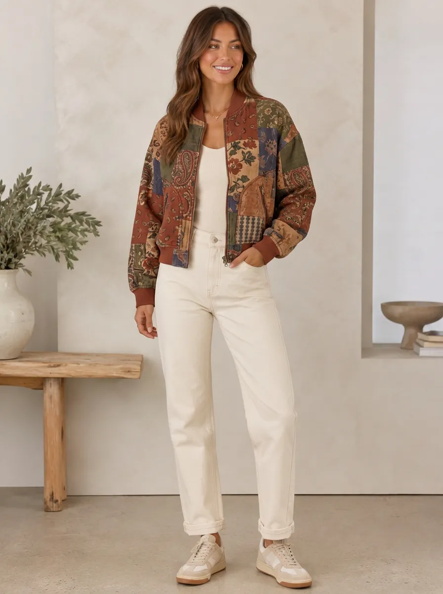 Women's Vintage Boho Floral Paisley Patchwork Printed Bomber Jacket
