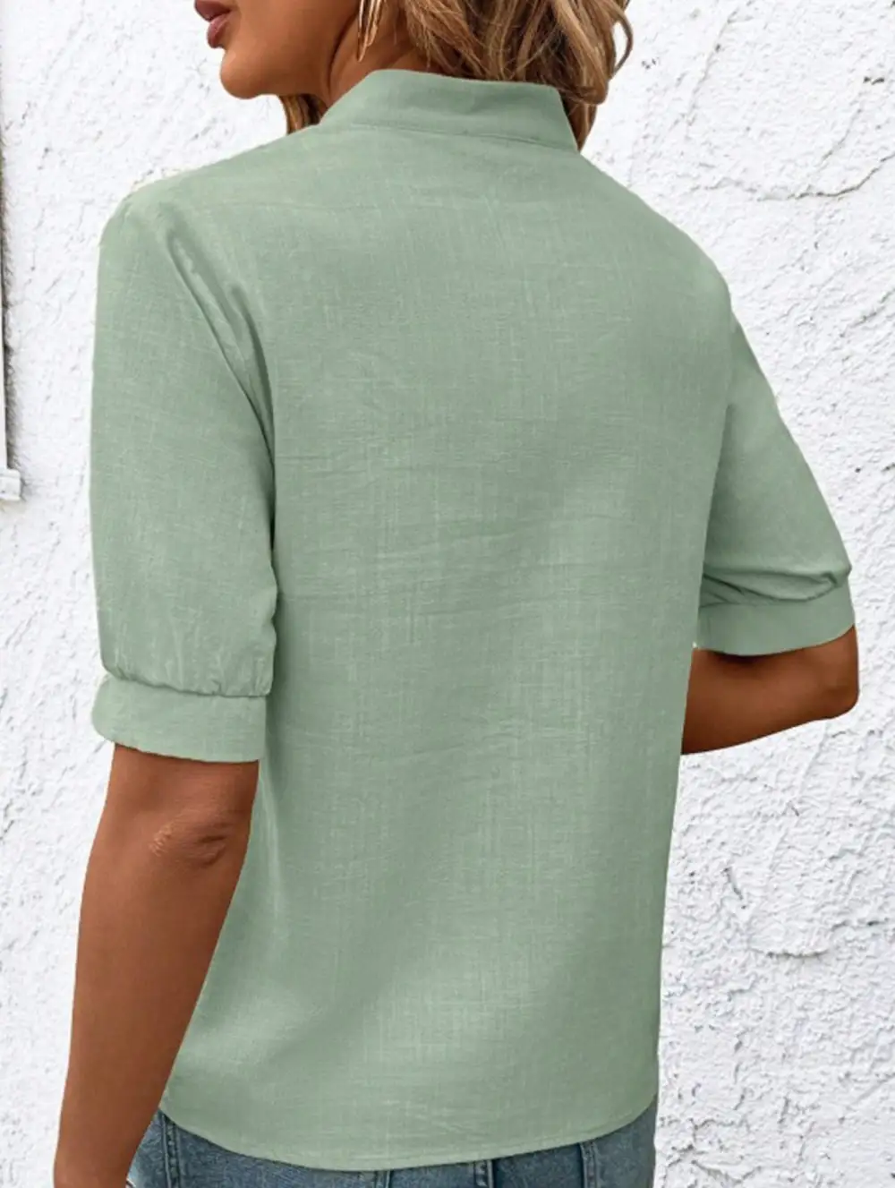 V Neck Embroidered Cotton Short Sleeve Blouse