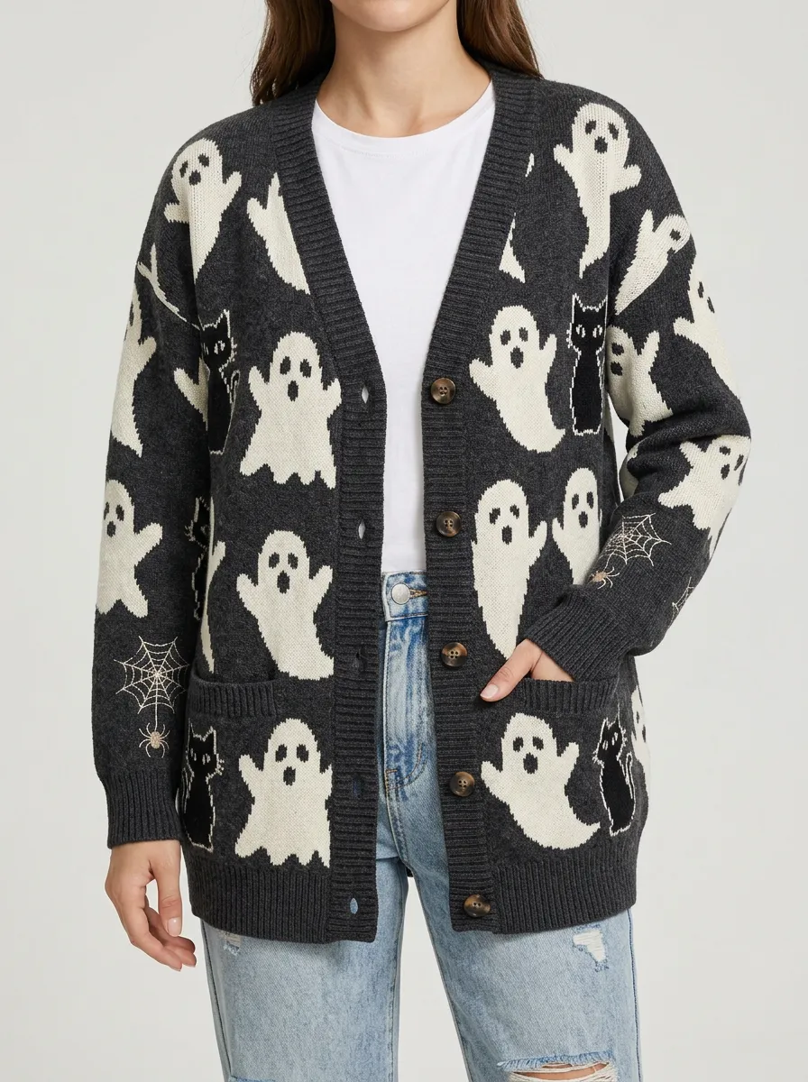 Women's Halloween Ghost Cat Spider Web Pattern Printed Cardigan