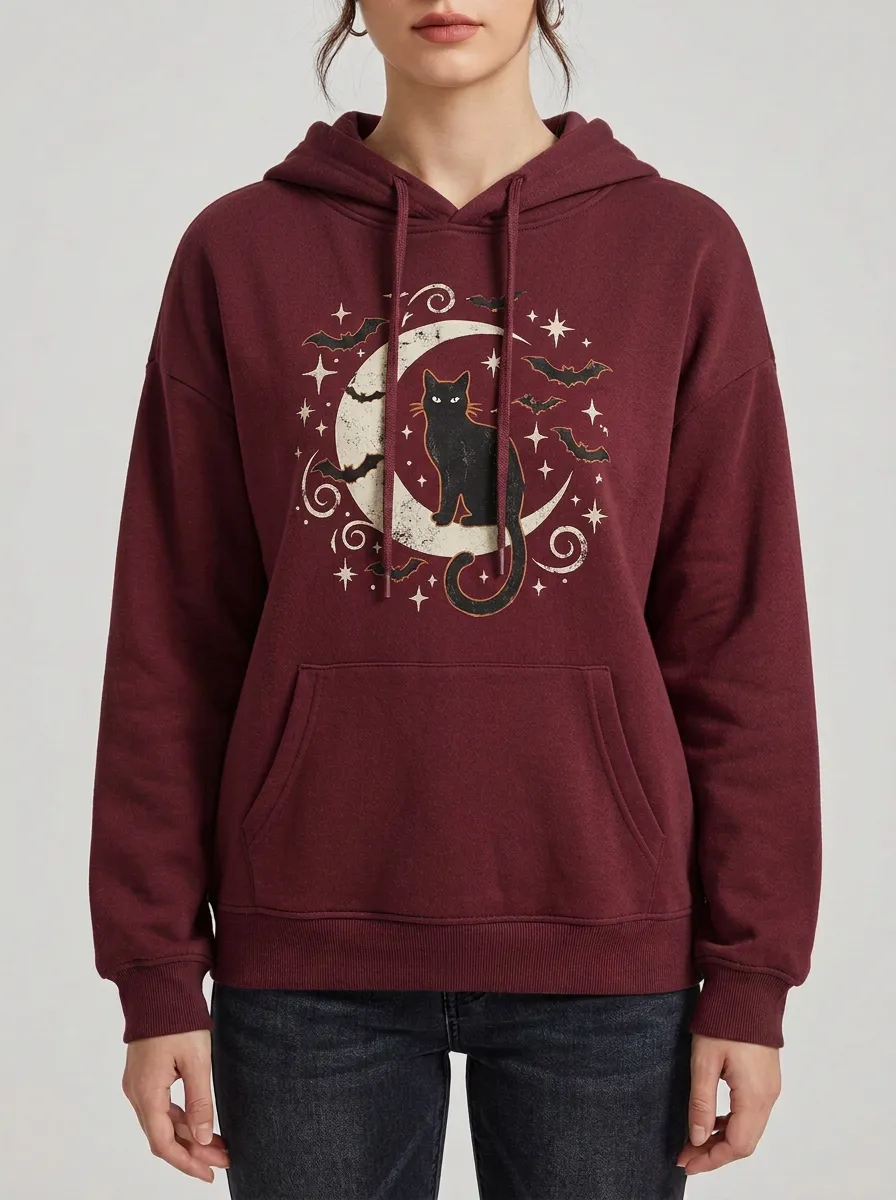 Women's Halloween Black Cat Moon Bats Printed Hoodie