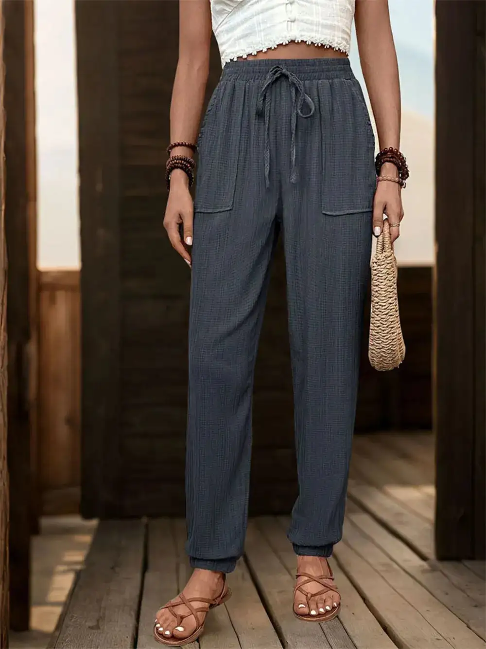 Jogger High Waist Textured Drawstring Pants