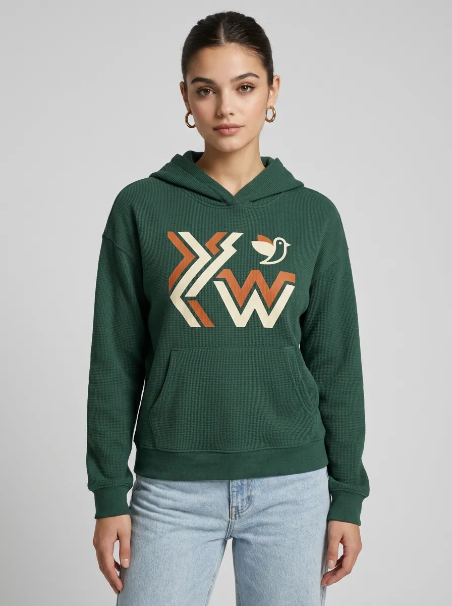 Women's Geometric Bird Logo Graphic Printed Waffle Hoodie