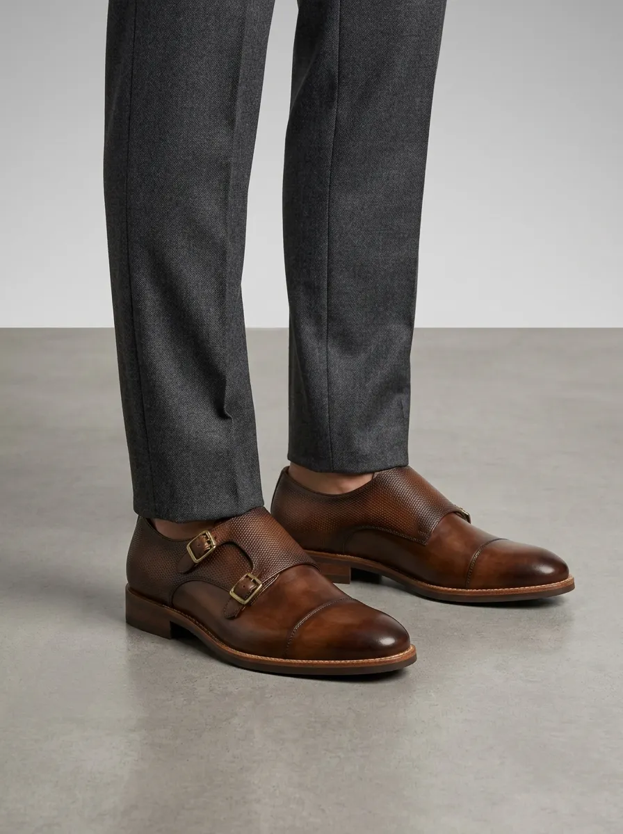 Men's Everyday Business Formal Perforated Leather Double Monk Strap Shoes