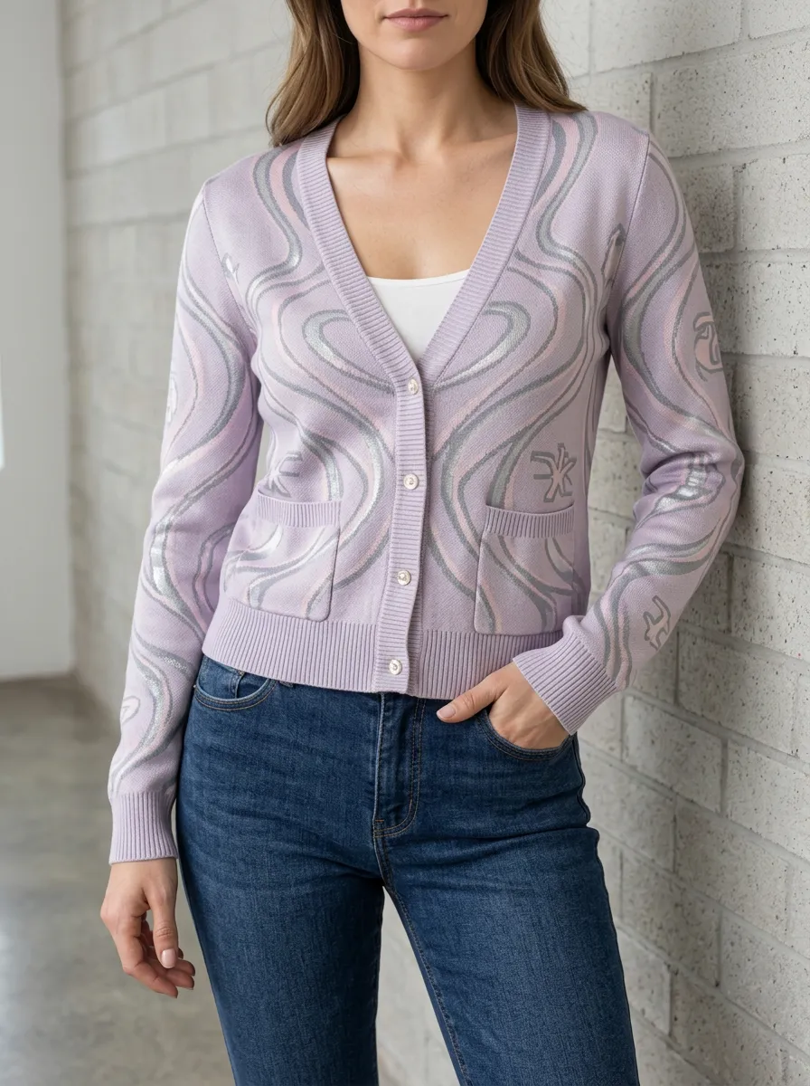Women's Lavender Abstract Swirl Pattern Printed Cardigan