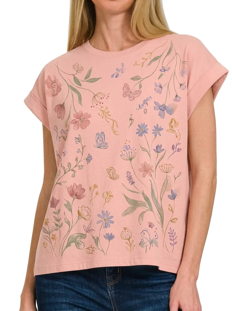 Women's Botanical Butterfly Floral Printed T-shirt