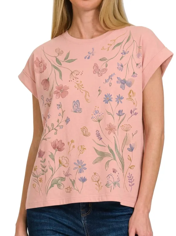 Women's Botanical Butterfly Floral Printed T-shirt