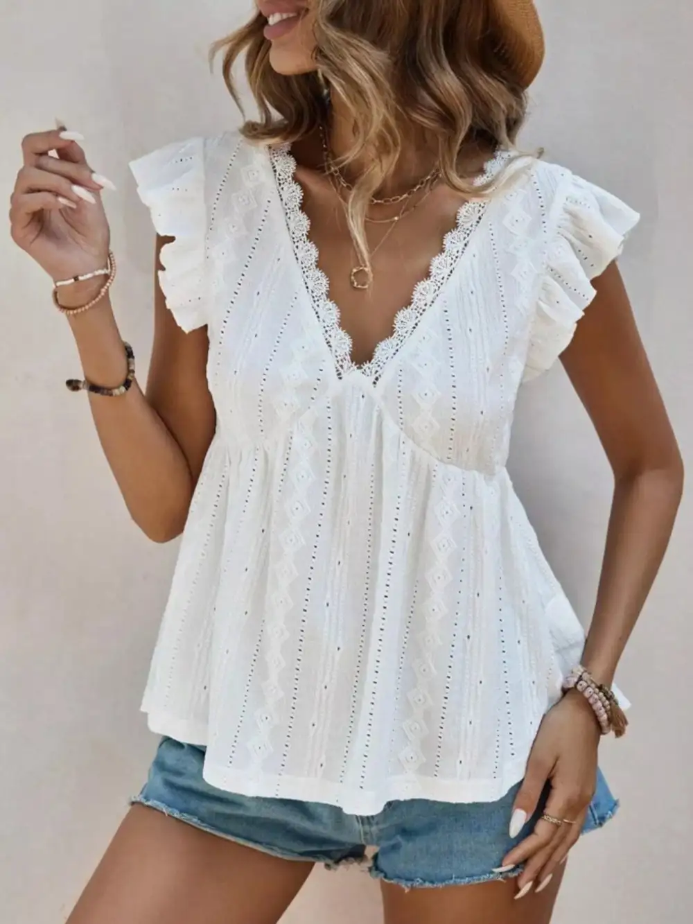 Ruffle Sleeve V Neck Blouse
