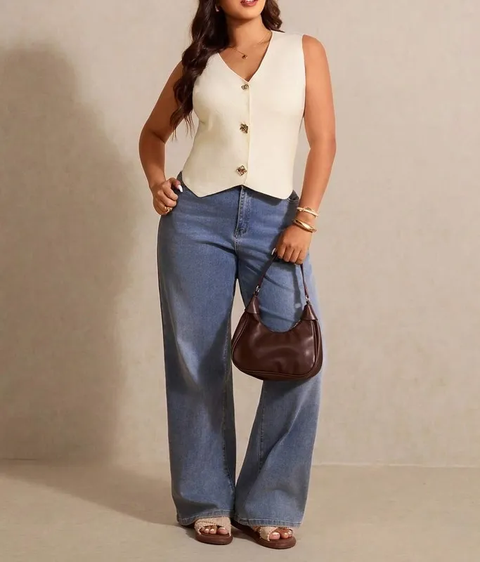 Beige Knit Button Front Metal Vest