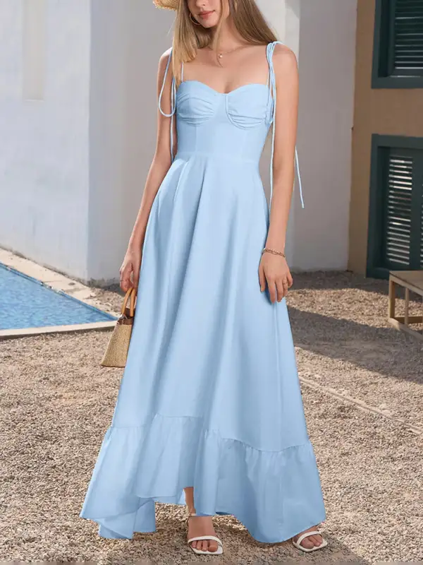 Sweetheart Neck Tie Strap Ruffle Hem Maxi Dress