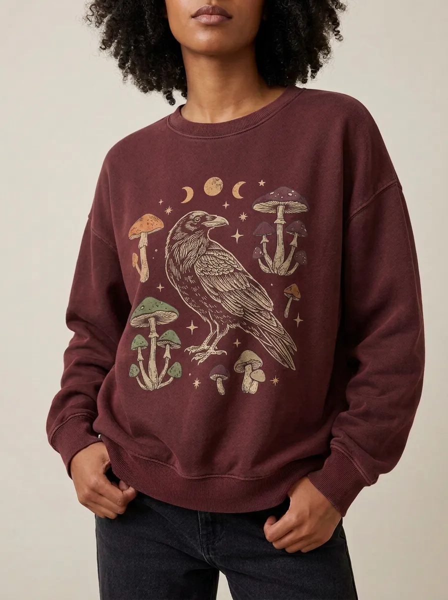 Women's Halloween Witchy Raven Mushroom Moon Printed Sweatshirt