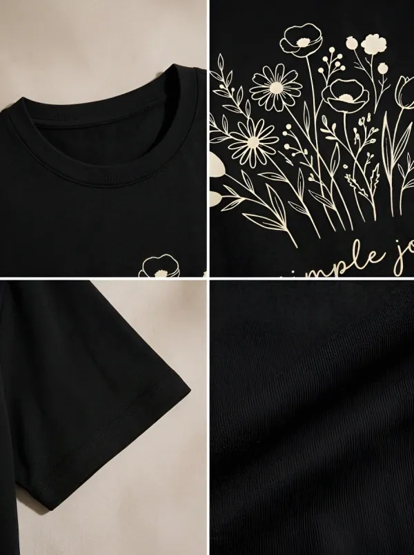 Women's Simple Joy Floral Bouquet Line Art Printed T-shirt