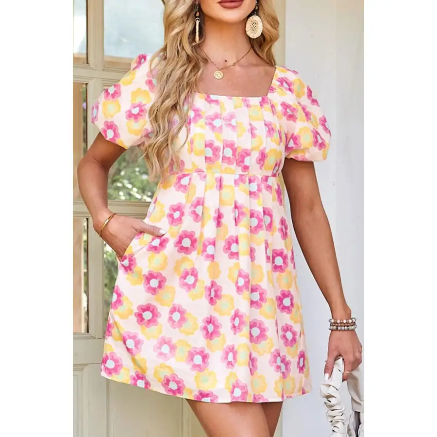 Square Neck Puff Sleeve Pleated Flared Midi Dress
